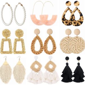 9 Pairs Rattan Earrings Tassel Woven Bohemian Earrings Straw Earrings Lightweight Acrylic Pearl Hoop Earrings Handmade Wicker Braid Drop Dangle Statement Earrings for Women