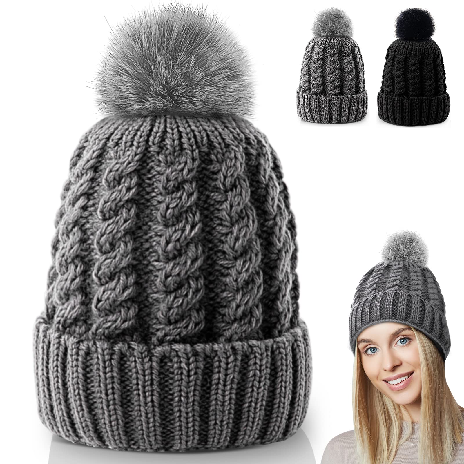 MooonGem Womens Winter Beanie Hats，Soft Beanie with Warm Lined Fashion Warm Chunky Soft Stretch Hats，Thick Knitted Ski Cap Warm Hat for Cold Weather Outdoor Activities Camping Hiking Skiing Grey