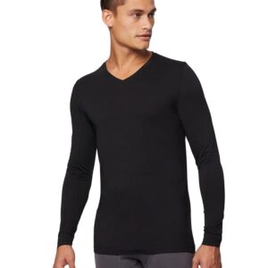 32 Degrees Men's Lightweight Baselayer V-Neck Top | Long Sleeve | Form Fitting | 4-Way Stretch | Thermal, Black, Large