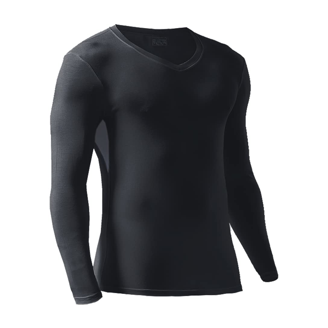 Ouruikia Men's Thermal Underwear Shirts Modal Thermal Tops Sports Thermal Base Layer Tops Black S