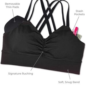 Handful Double Down Women's Medium Impact Sports Bra, Removable Pad Inserts, Wire Free, Cross Back, Strappy Yoga Bra, Smoke Show, Small