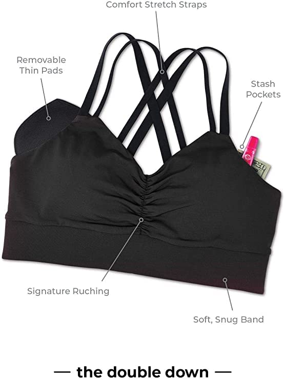 Handful Double Down Women's Medium Impact Sports Bra, Removable Pad Inserts, Wire Free, Cross Back, Strappy Yoga Bra, Smoke Show, Small