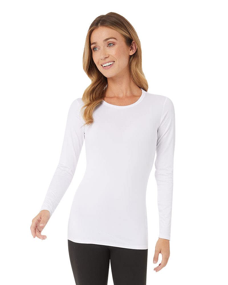 32 Degrees Women's Lightweight Baselayer Crew Top | Long Sleeve | Form Fitting | 4-Way Stretch | Thermal, White, Medium