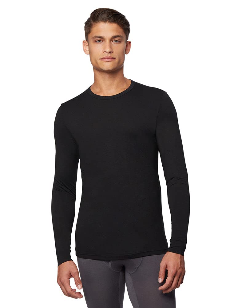 32° Degrees Men's Lightweight Baselayer Crew Top | Long Sleeve | Form Fitting | 4-Way Stretch | Thermal, Black, Large