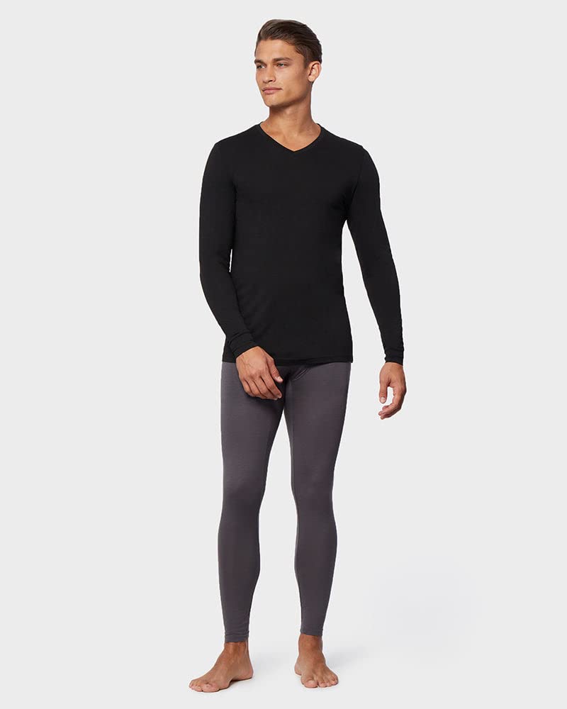 32 Degrees Men's Lightweight Baselayer V-Neck Top | Long Sleeve | Form Fitting | 4-Way Stretch | Thermal, Black, Large