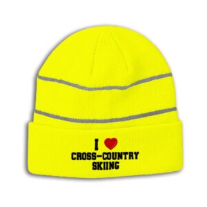 Custom Reflective Beanie I (Love) Cross-Couuntry Skiing Red Heart Sports Lovers Cross Country Acrylic High Visibility Running Gear Skull Cap for Men & Women 1 Size Neon Yellow Design Only