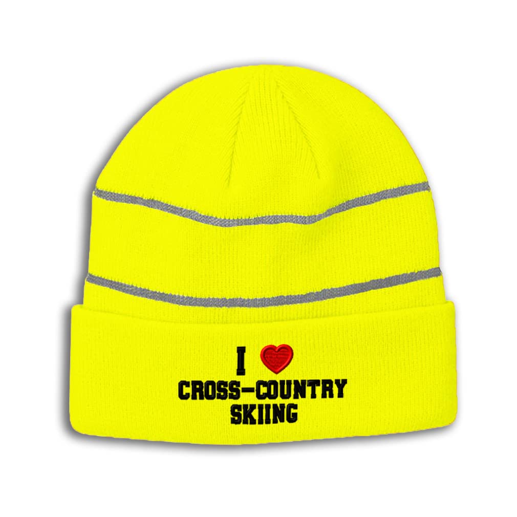 Custom Reflective Beanie I (Love) Cross-Couuntry Skiing Red Heart Sports Lovers Cross Country Acrylic High Visibility Running Gear Skull Cap for Men & Women 1 Size Neon Yellow Design Only