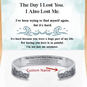 oos The Day I Lost You Memorial Bracelet, Personalized Stainless Steel Wave Engraved Cuff Memorial Bracelet, Remembrance Bangle Customized Memorial Cuff Jewelry Gifts (Silver)