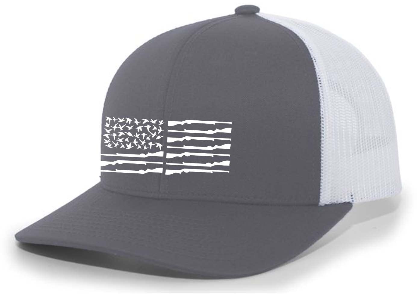 Droppin Drake White American Duck Flag Snapback Hat- Charcoal/White Mesh/Black Flag, Charcoal/White/White Mesh