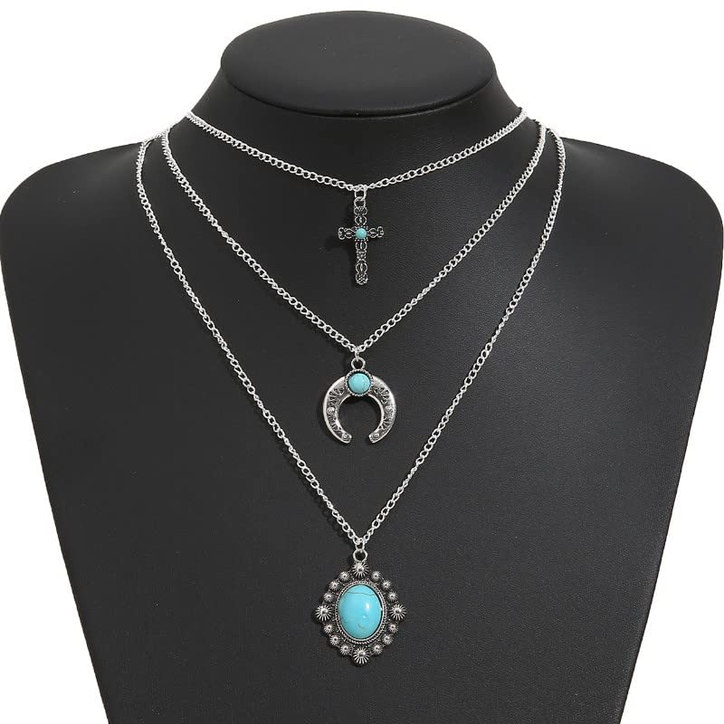 IDesign Western Layered Necklace for Women Cowgirls Turquoise Stone cross Western Cowboy Necklaces Bull Head Necklace Jewelry for Women