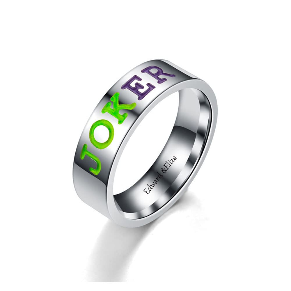 AKEL DOAP Personalized Harley and The Joker Matching Rings for Couples Promise Rings for Couples Set With 2 Rings Stainless Steel Custom His and Hers Rings Wedding Engagement Rings Size 6-11 (Joker)