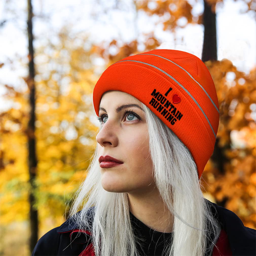 Custom Reflective Beanie I (Love) Mountain Running Red Heart Sports Lovers Cross Country Acrylic High Visibility Running Gear Skull Cap for Men & Women 1 Size Neon Orange Design Only