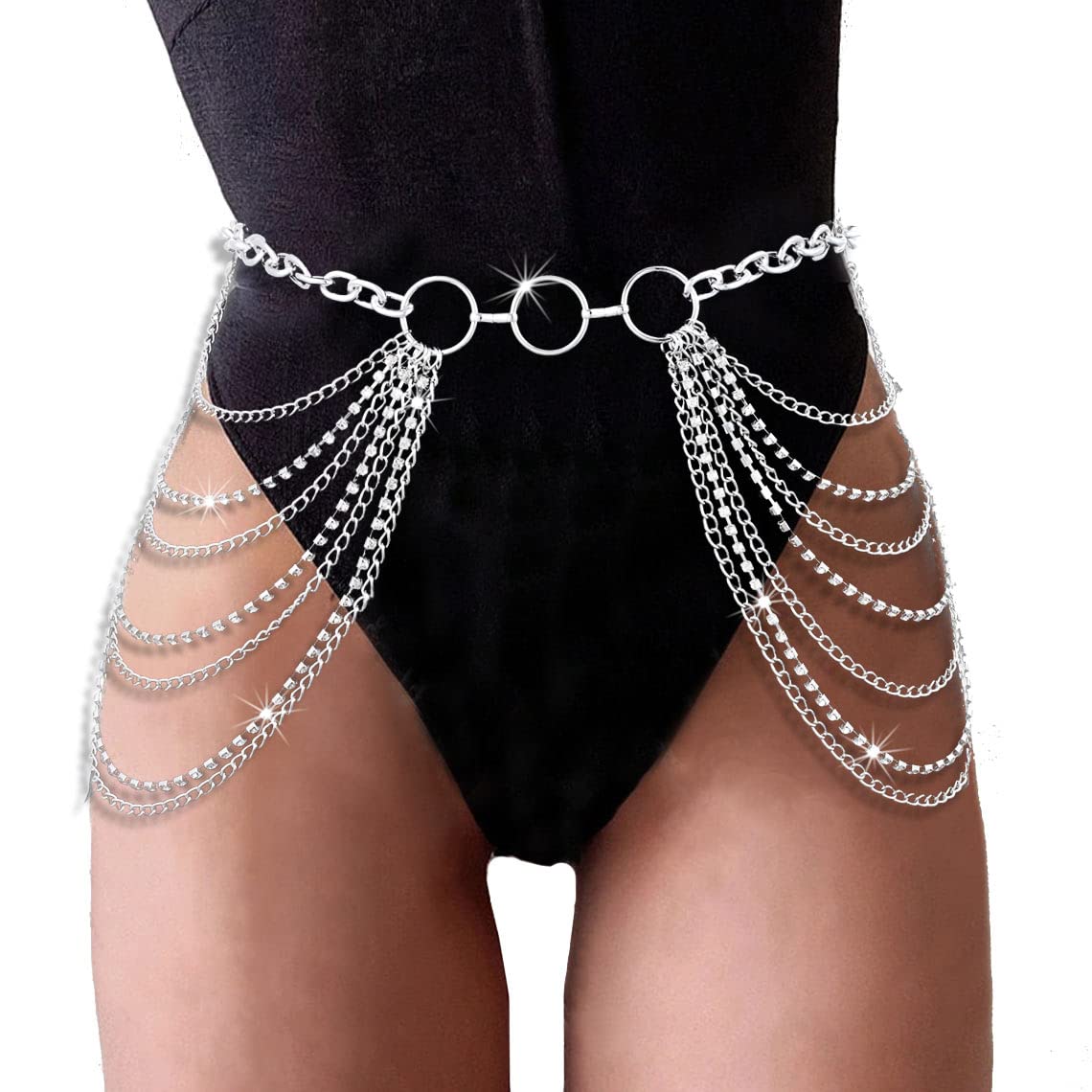 Cosydays Punk Rhinestone Waist Chain Belt Harness Body Chain Crystal Layered Beach Bikini Chain Belly Chain Jewelry for Women and Girls (A-Silver)