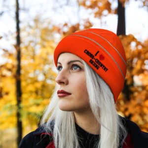 Custom Reflective Beanie I (Love) Cross-Couuntry Skiing Red Heart Sports Lovers Cross Country Acrylic High Visibility Running Gear Skull Cap for Men & Women 1 Size Neon Yellow Design Only