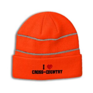 custom reflective beanie i (love) cross-couuntry red heart sports lovers cross country acrylic high visibility running gear skull cap for men & women 1 size neon orange design only