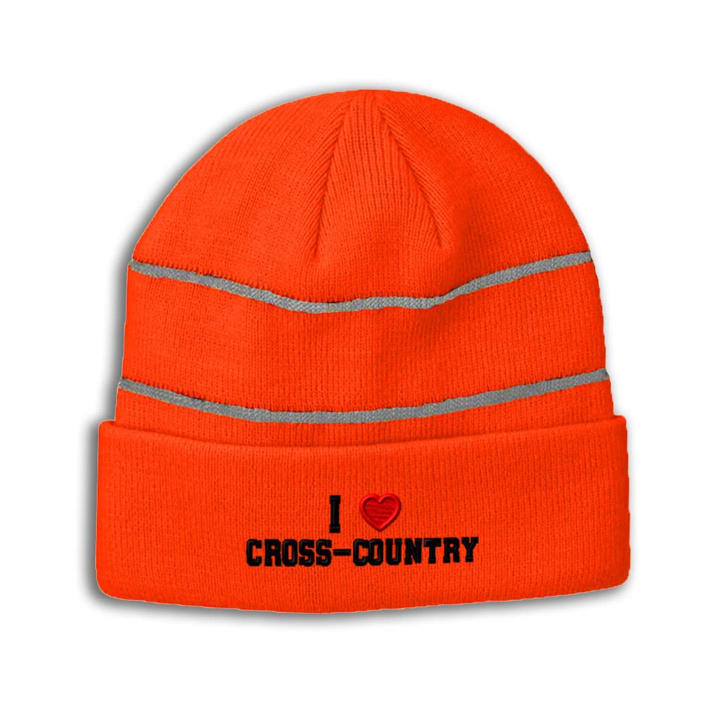 Custom Reflective Beanie I (Love) Cross-Couuntry Red Heart Sports Lovers Cross Country Acrylic High Visibility Running Gear Skull Cap for Men & Women 1 Size Neon Orange Design Only