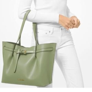 Michael Kors Emilia Large Triple Compartment Shoulder Bag Leather Tote Light Sage