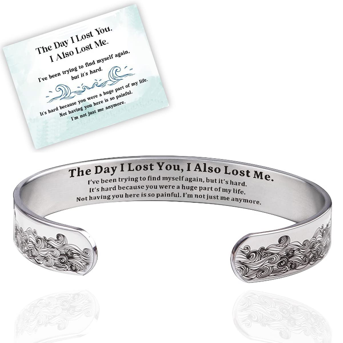 oos The Day I Lost You Memorial Bracelet, Personalized Stainless Steel Wave Engraved Cuff Memorial Bracelet, Remembrance Bangle Customized Memorial Cuff Jewelry Gifts (Silver)