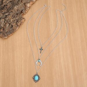 IDesign Western Layered Necklace for Women Cowgirls Turquoise Stone cross Western Cowboy Necklaces Bull Head Necklace Jewelry for Women