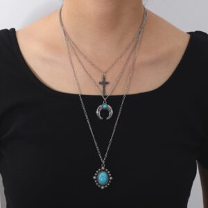 IDesign Western Layered Necklace for Women Cowgirls Turquoise Stone cross Western Cowboy Necklaces Bull Head Necklace Jewelry for Women