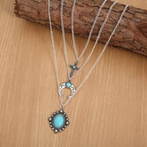 IDesign Western Layered Necklace for Women Cowgirls Turquoise Stone cross Western Cowboy Necklaces Bull Head Necklace Jewelry for Women