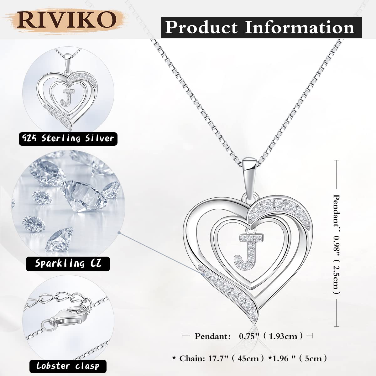 RIVIKO Heart Initial Necklace for Women, 925 Sterling Silver Dainty Letter Pendant Necklaces, Sterling Silver, Cubic Zirconia