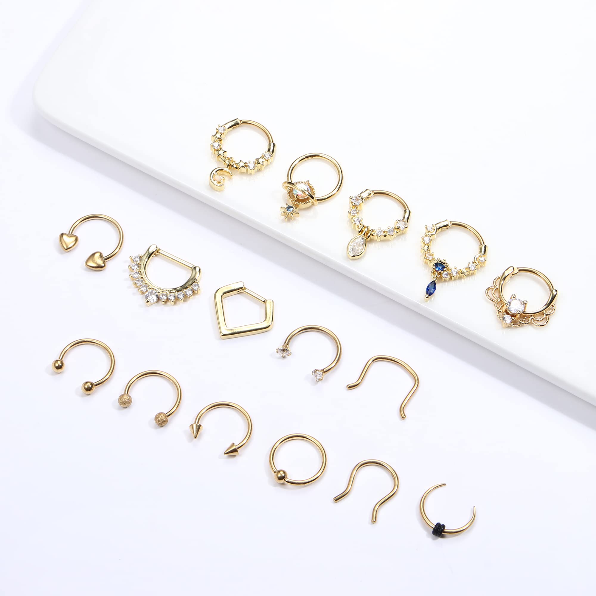 Besteel 16Pcs 16G Septum Rings, 316L Stainless Steel Nose Rings Hoop, Hinged Seamless Horseshoe Clicker Rings, Stainless Steel, cubic zirconia