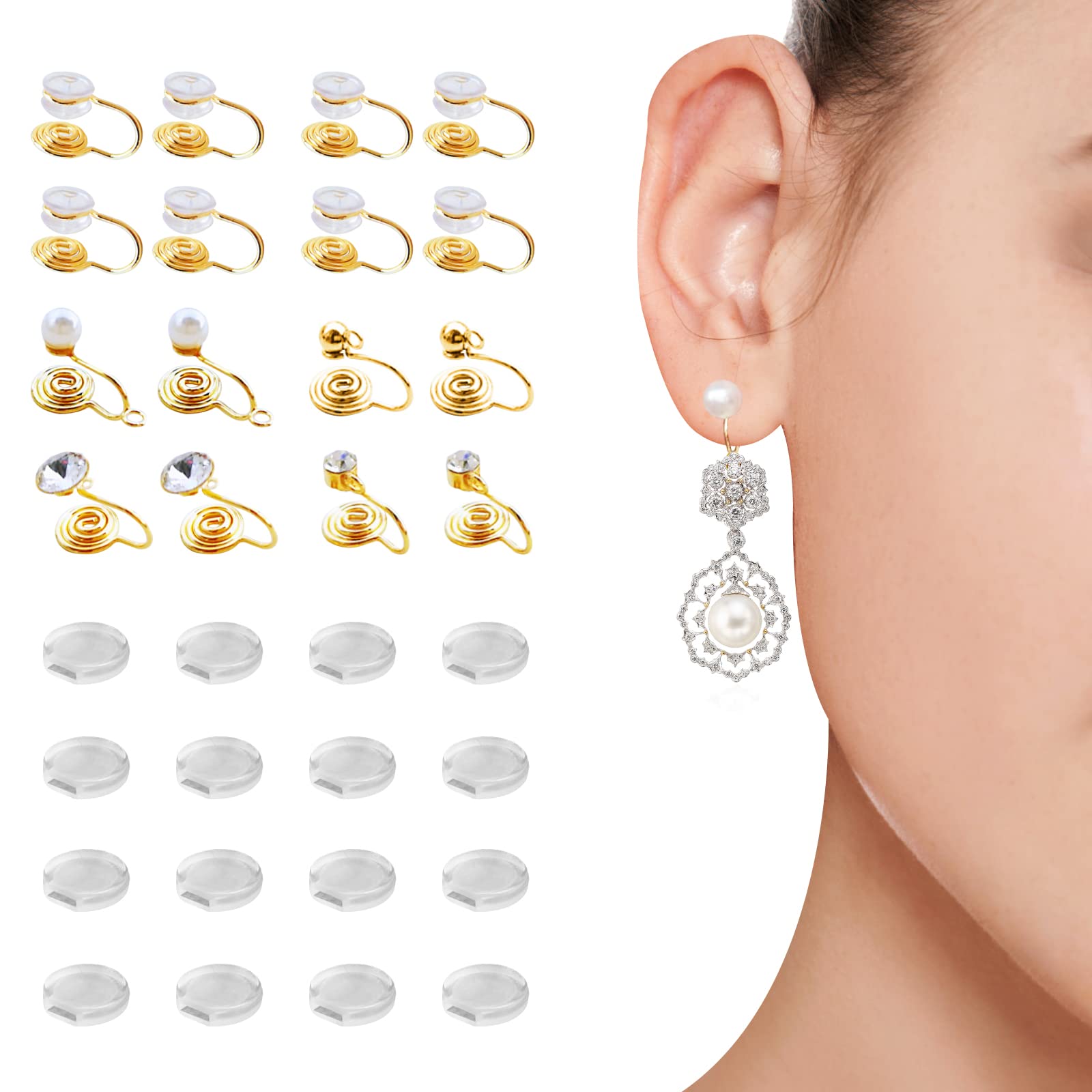 TAOARA 16 PCS Clip on Earrings Converter 5 Types Earring Converters Pierced to Clip with 16 Pieces Comfort Earring Pads Golden Hook Earring Converter for Women Men Non-Pierced Ears