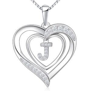 RIVIKO Heart Initial Necklace for Women, 925 Sterling Silver Dainty Letter Pendant Necklaces, Sterling Silver, Cubic Zirconia