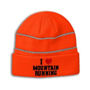 Custom Reflective Beanie I (Love) Mountain Running Red Heart Sports Lovers Cross Country Acrylic High Visibility Running Gear Skull Cap for Men & Women 1 Size Neon Orange Design Only