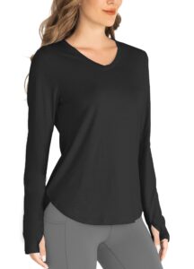 hiverlay long sleeve workout shirts for women v neck upf 50+ athletic shirts with thumbhole running loose active t-shirts black l