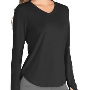 Hiverlay Long Sleeve Workout Shirts for Women V Neck UPF 50+ Athletic Shirts with Thumbhole Running Loose Active T-Shirts Black l