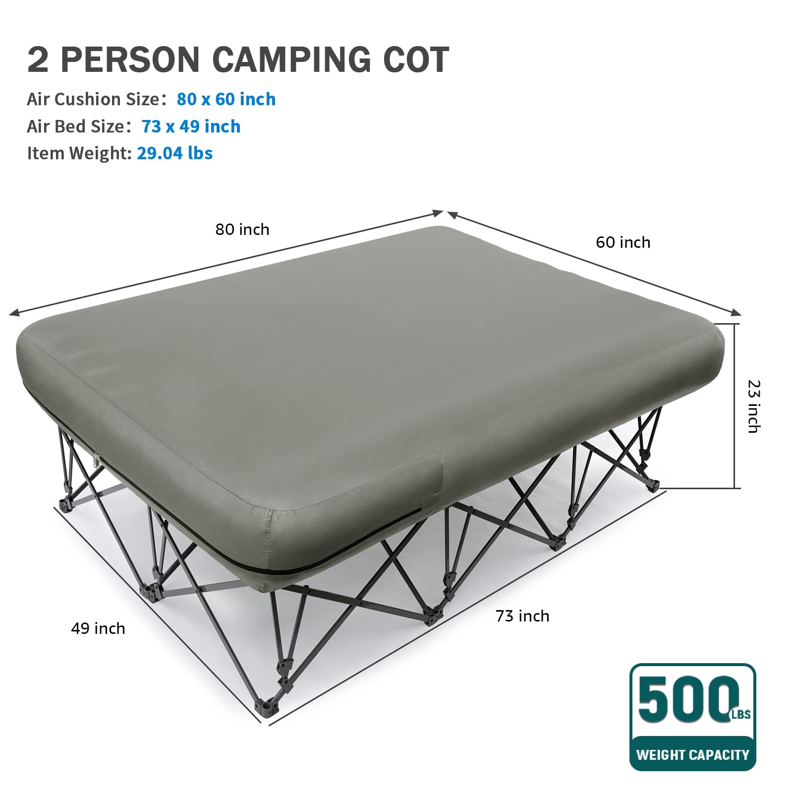 KAMPKEEPER 2 Person Camping Cot,Folding Camping Bed with Inflatable Air Mattress and Carry Bag,for Outdoor Travel Camp Beach Vacation,Supports 500 lbs(not Included The Airpump)