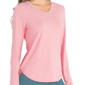 Hiverlay Long Sleeve Workout Shirts for Women V Neck UPF 50+ Athletic Shirts with Thumbhole Running Loose Active T-Shirts Pink s