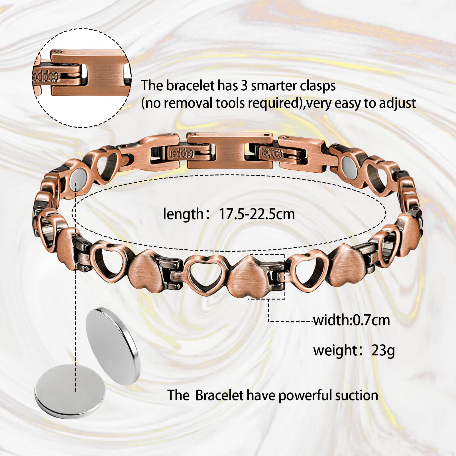 Reaowazo Copper Bracelets For Women Copper Magnetic Bracelet For Women Magnetic Copper Bracelet With 3 More Smarter Clasps Love Heart Jewelry Gift for Womens