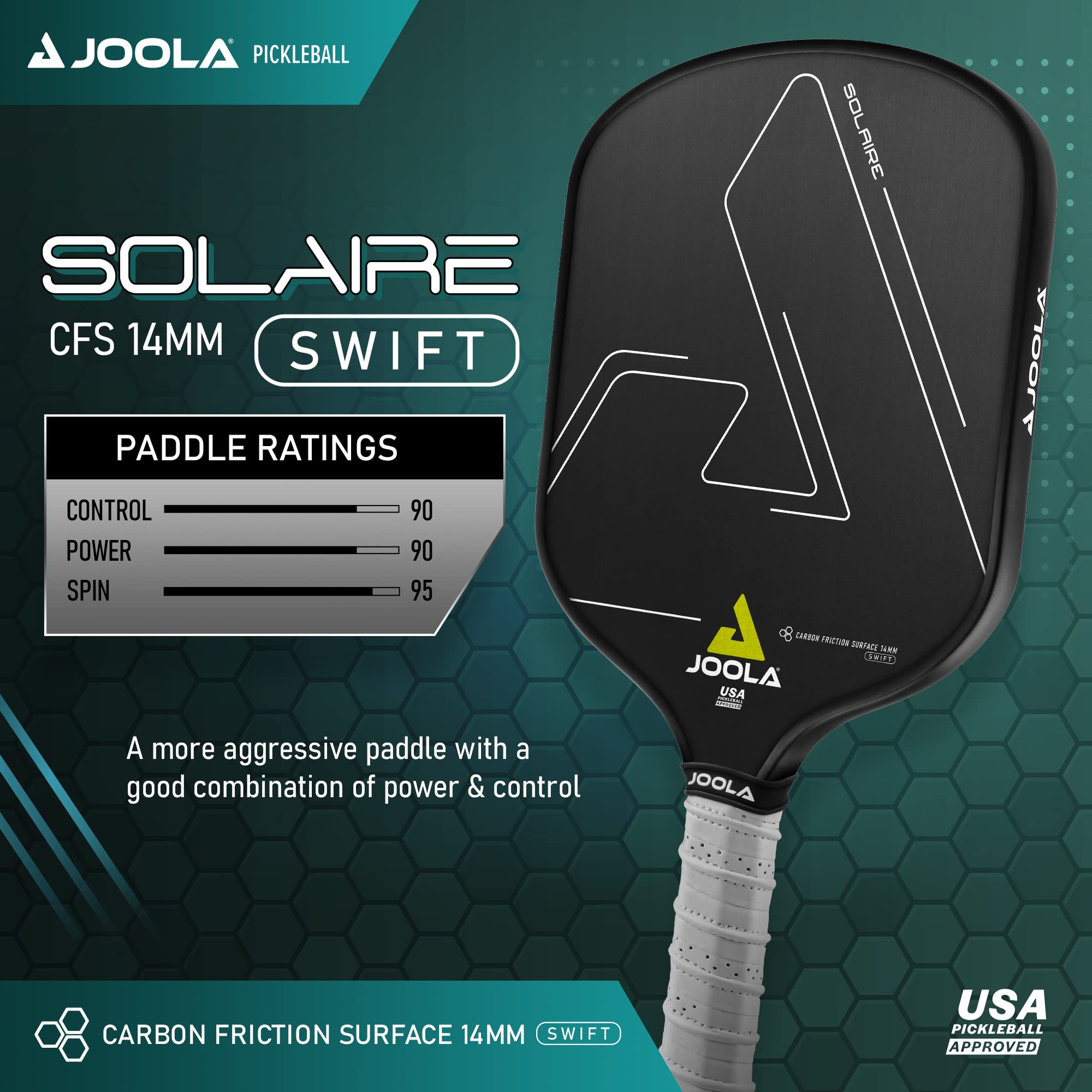 JOOLA Solaire Professional Pickleball Paddle with Carbon Friction Surface - Ideal Spin, Power, & Control - Pickleball Racket with Reactive Polypropylene Honeycomb 14mm Core - Paddle Cover Included