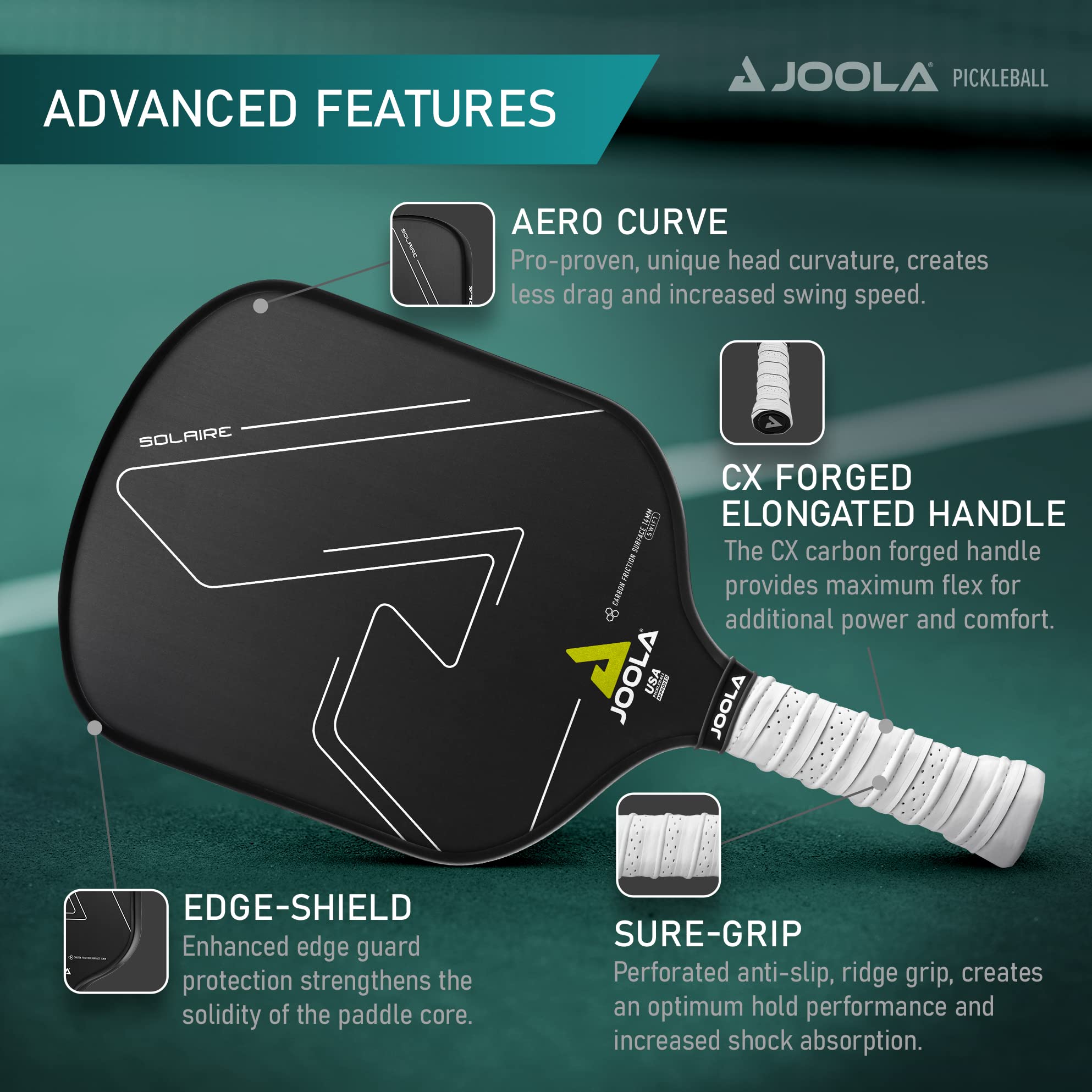 JOOLA Solaire Professional Pickleball Paddle with Carbon Friction Surface - Ideal Spin, Power, & Control - Pickleball Racket with Reactive Polypropylene Honeycomb 14mm Core - Paddle Cover Included