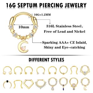 Besteel 16Pcs 16G Septum Rings, 316L Stainless Steel Nose Rings Hoop, Hinged Seamless Horseshoe Clicker Rings, Stainless Steel, cubic zirconia