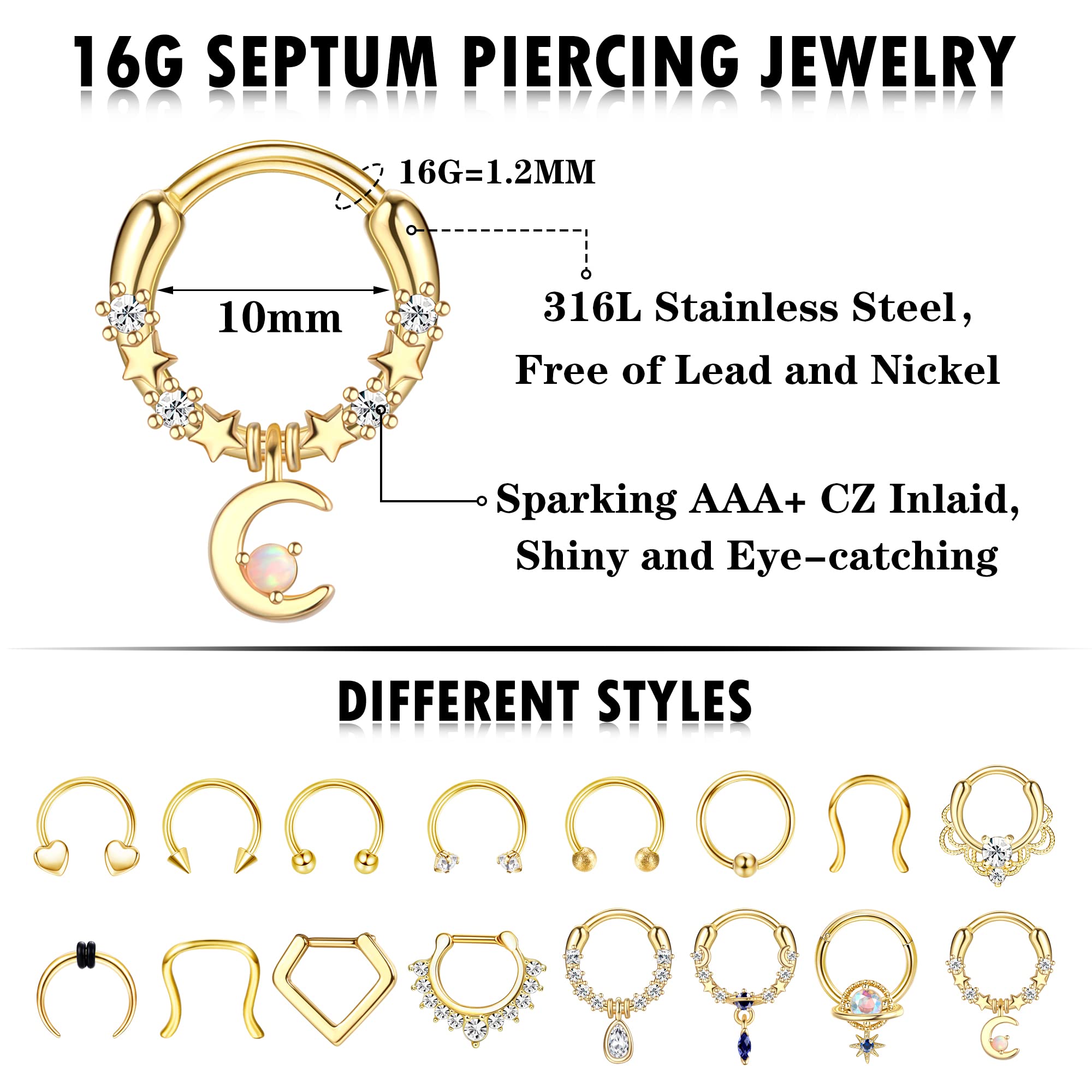 Besteel 16Pcs 16G Septum Rings, 316L Stainless Steel Nose Rings Hoop, Hinged Seamless Horseshoe Clicker Rings, Stainless Steel, cubic zirconia