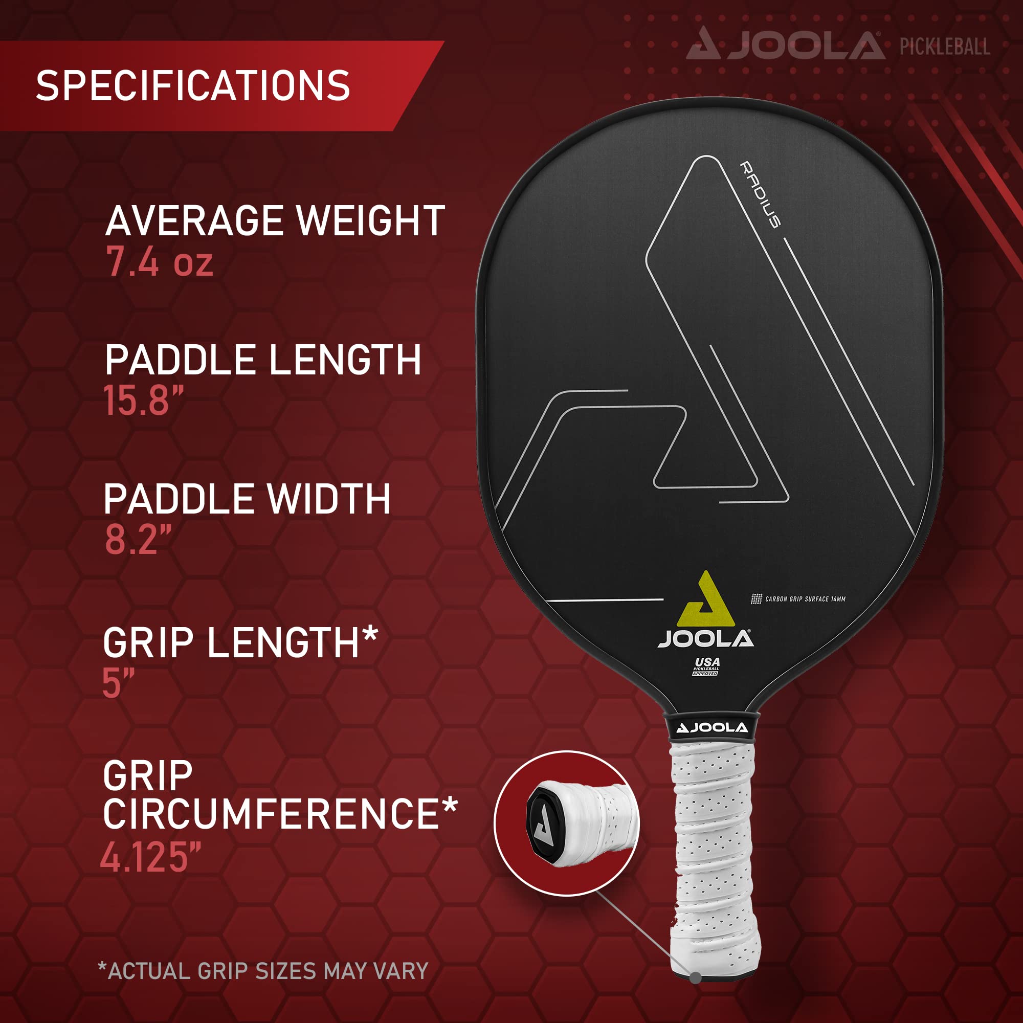 JOOLA Radius Pro Pickleball Paddle with Textured Carbon Grip Surface - Creates More Spin and Maximum Control - Largest Sweetspot - 14mm Pickleball Racket with Response Polypropylene Honeycomb Core