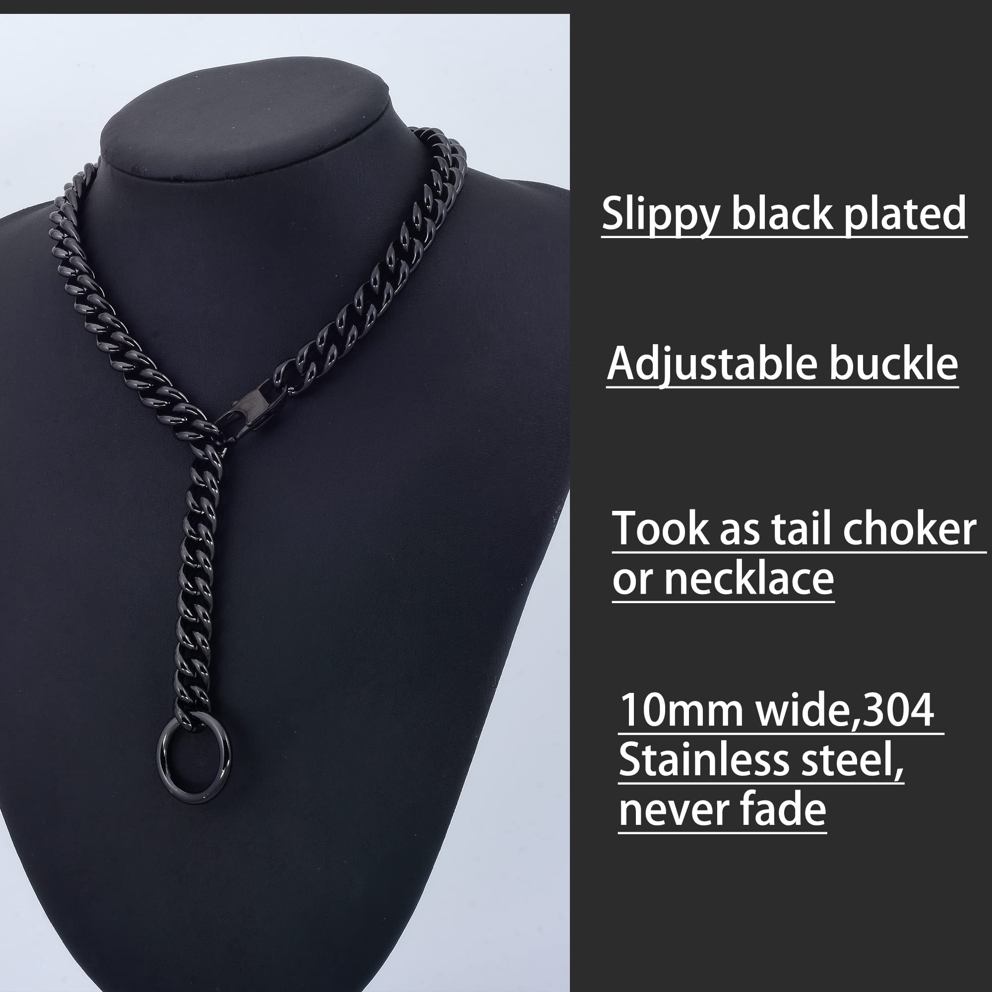 Jxlepe Womens Choker Chain Black Cuban Link Adjustable with O Ring Belt tail 0.4inch wide Punk Rock Kiwi Hippies Stainless Steel Gift for her him Daily Necklace