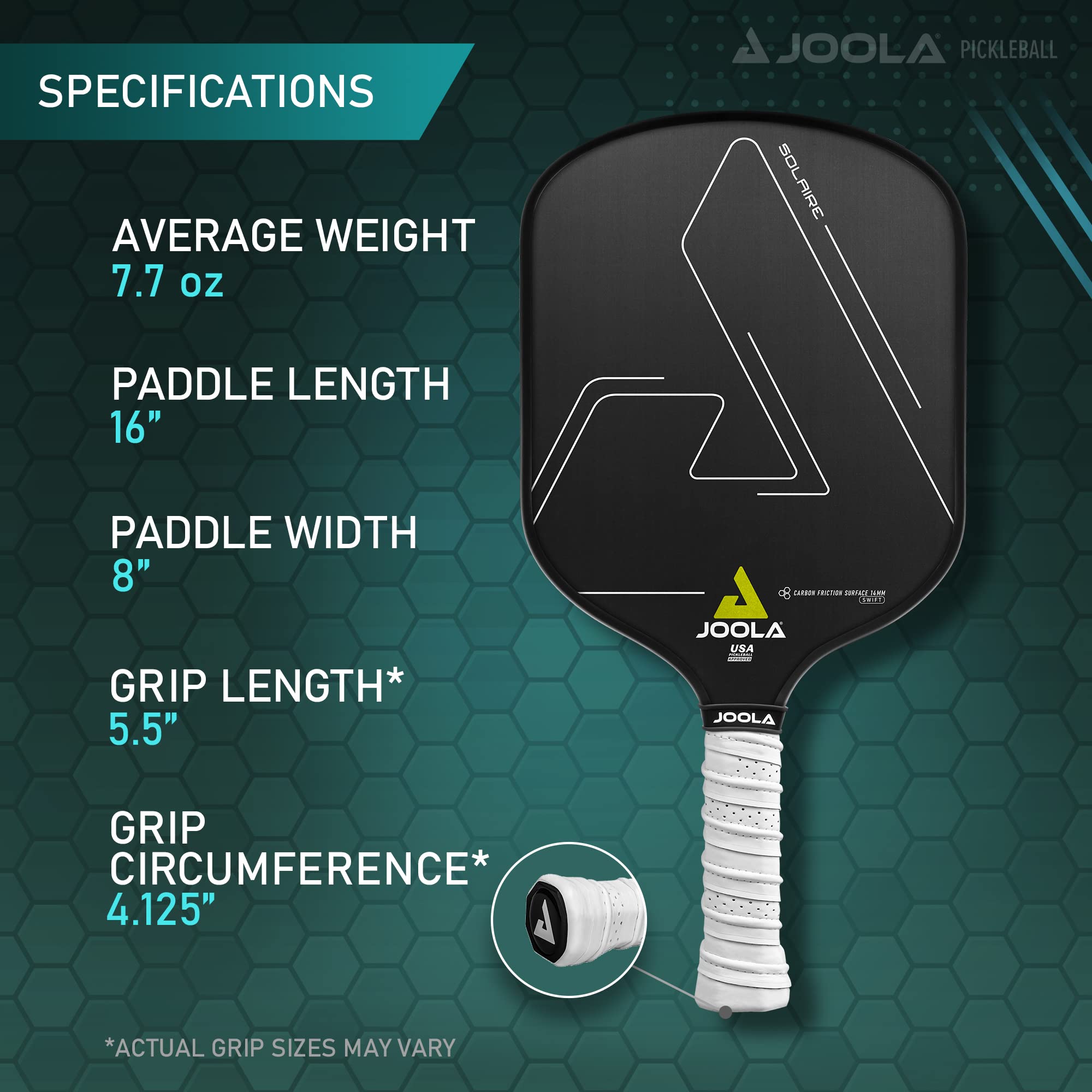 JOOLA Solaire Professional Pickleball Paddle with Carbon Friction Surface - Ideal Spin, Power, & Control - Pickleball Racket with Reactive Polypropylene Honeycomb 14mm Core - Paddle Cover Included