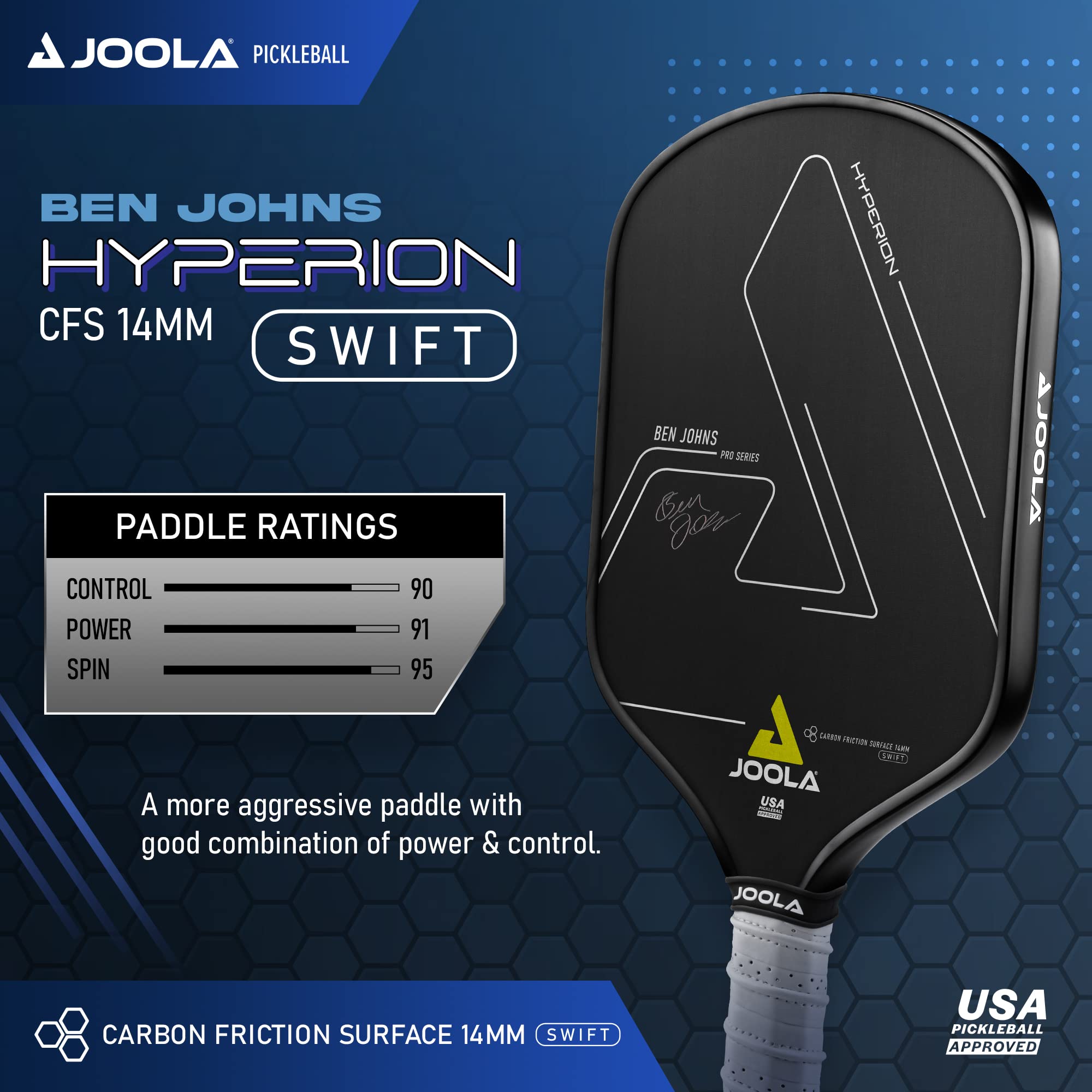 JOOLA Ben Johns Hyperion CFS 14mm Swift Pickleball Paddle - USAPA Approved for Tournament Play - Carbon Fiber Pickle Ball Racket - Maximum Speed with High Grit & Spin