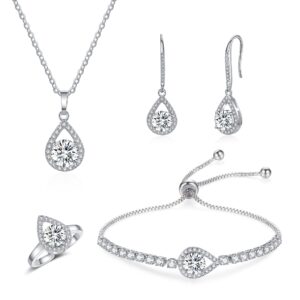 DHQH 4PCS Wedding Jewelry for Bridesmaid Cubic Zirconia Teardrop Necklace Earrings Bracelet Ring Set Bridesmaid Jewelry Set for Women Party Jewelry Gifts