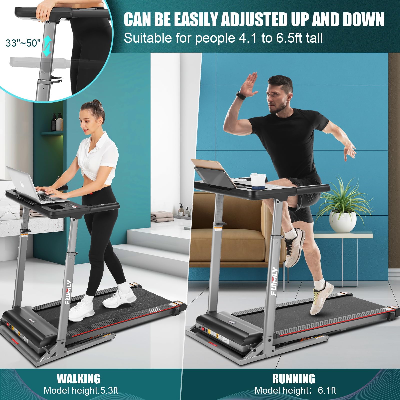 Folding Treadmill with Desk & Adjustable Height, 300 LBS Weight Capacity, Heavy-Duty Treadmill with Incline, Bluetooth Speaker & App Control, Electric Walking Machine Running Treadmill for Home