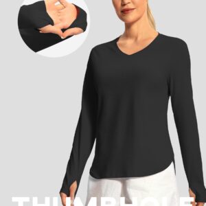 Hiverlay Long Sleeve Workout Shirts for Women V Neck UPF 50+ Athletic Shirts with Thumbhole Running Loose Active T-Shirts Black l