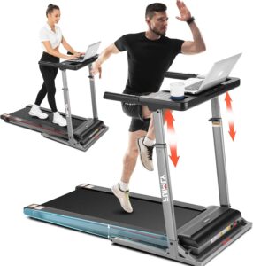 folding treadmill with desk & adjustable height, 300 lbs weight capacity, heavy-duty treadmill with incline, bluetooth speaker & app control, electric walking machine running treadmill for home