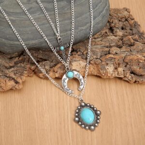 IDesign Western Layered Necklace for Women Cowgirls Turquoise Stone cross Western Cowboy Necklaces Bull Head Necklace Jewelry for Women