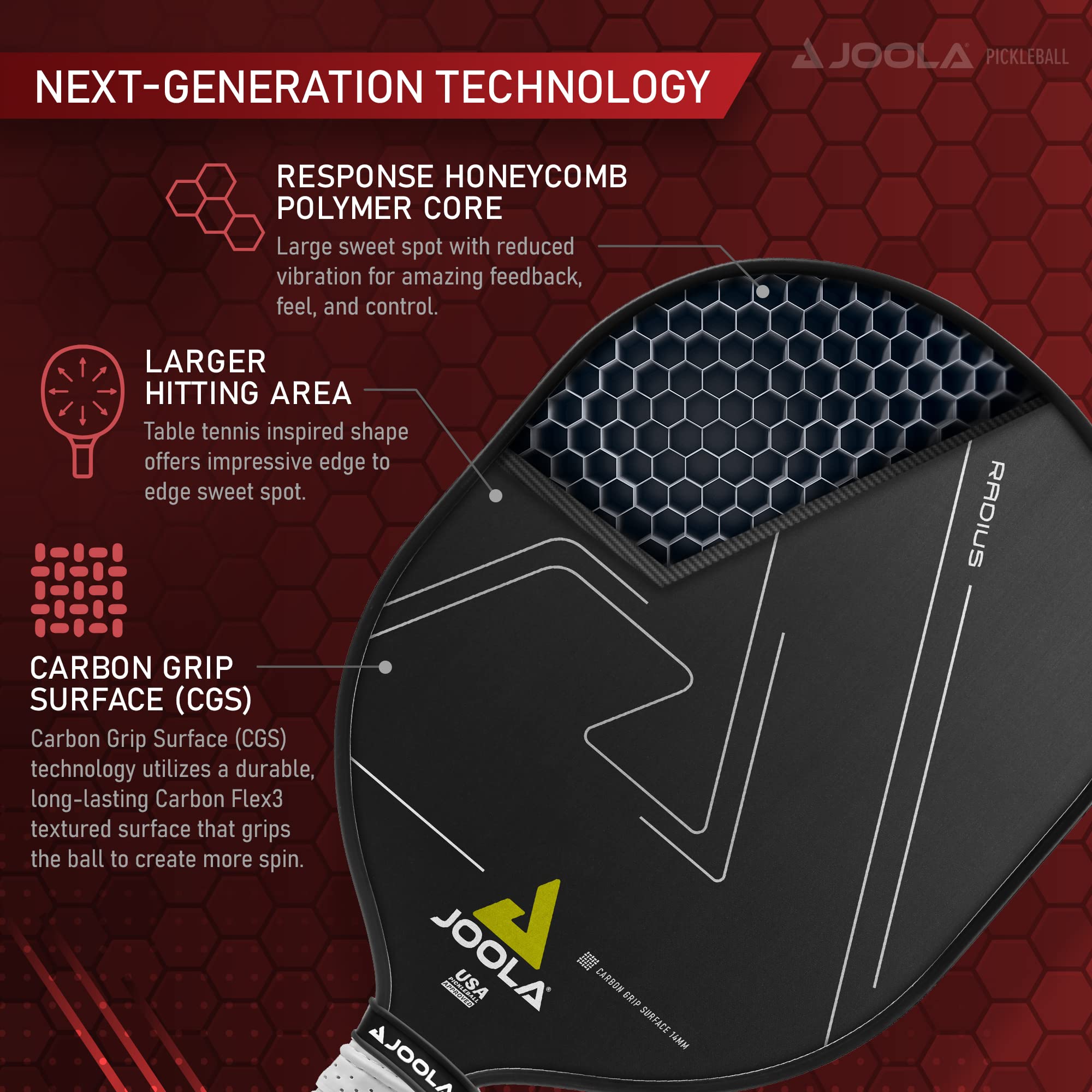 JOOLA Radius Pro Pickleball Paddle with Textured Carbon Grip Surface - Creates More Spin and Maximum Control - Largest Sweetspot - 14mm Pickleball Racket with Response Polypropylene Honeycomb Core