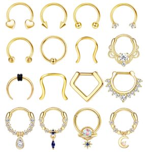 besteel 16pcs 16g septum rings, 316l stainless steel nose rings hoop, hinged seamless horseshoe clicker rings, stainless steel, cubic zirconia